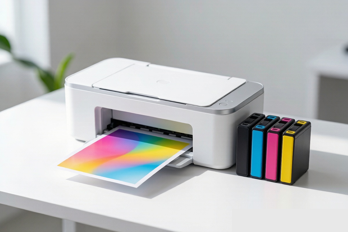 Imprimante Ricoh RI 100 dans un bureau moderne avec cartouches d'encre originales